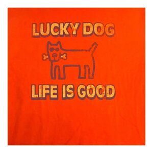 Life Is Good Lucky Dog With Bone Graphic T-Shirt Orange Cotton Tee Men's M